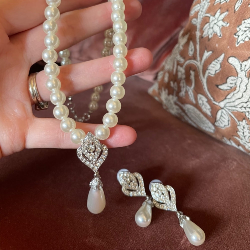 Earrings and Necklace set faux pearls and crystals